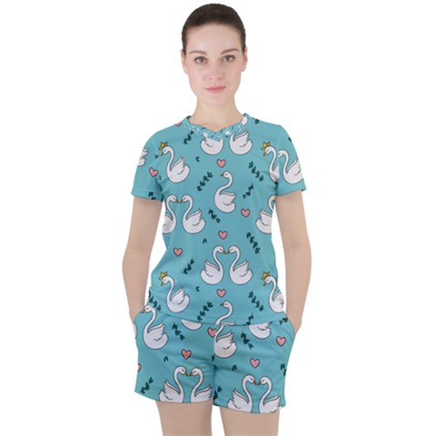 Elegant Swan Pattern Design Women s Tee And Shorts Set by Wegoenart