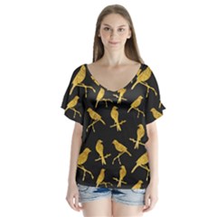 Background-with-golden-birds V-neck Flutter Sleeve Top by Wegoenart