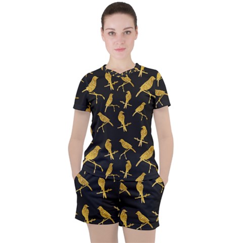 Background-with-golden-birds Women s Tee And Shorts Set by Wegoenart