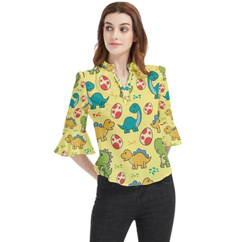 Seamless Pattern With Cute Dinosaurs Character Loose Horn Sleeve Chiffon Blouse by Wegoenart