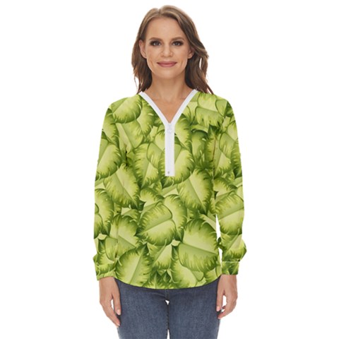 Seamless-pattern-with-green-leaves Zip Up Long Sleeve Blouse by Wegoenart