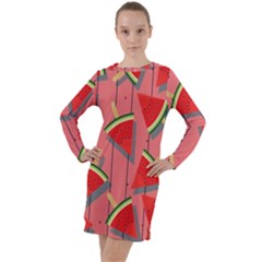 Red Watermelon Popsicle Long Sleeve Hoodie Dress by ConteMonfrey