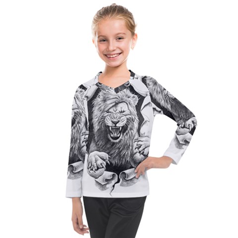 Drawing Angry Male Lion Roar Animal Kids  Long Mesh Tee by danenraven