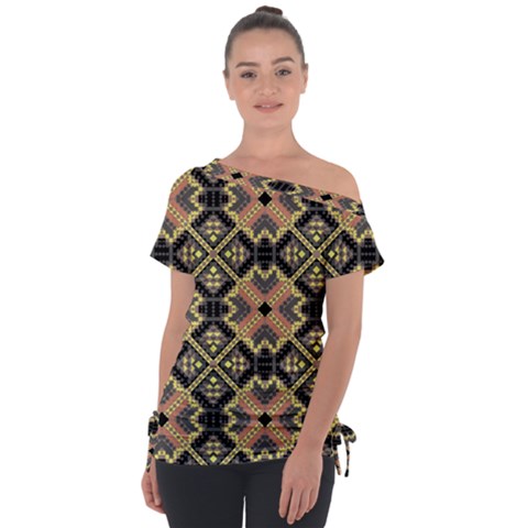 Seamless-mexican-pattern Off Shoulder Tie-up Tee by Wegoenart