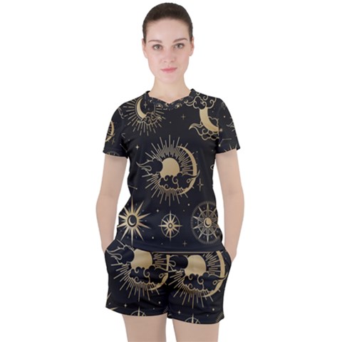 Asian-set-with-clouds-moon-sun-stars-vector-collection-oriental-chinese-japanese-korean-style Women s Tee And Shorts Set by Wegoenart