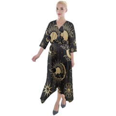 Asian-set-with-clouds-moon-sun-stars-vector-collection-oriental-chinese-japanese-korean-style Quarter Sleeve Wrap Front Maxi Dress by Wegoenart