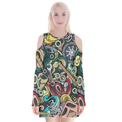 Cartoon-cute-doodles-hand-drawn-auto-service-seamless-pattern Velvet Long Sleeve Shoulder Cutout Dress by Wegoenart