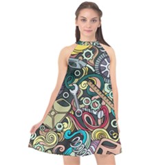 Cartoon-cute-doodles-hand-drawn-auto-service-seamless-pattern Halter Neckline Chiffon Dress  by Wegoenart