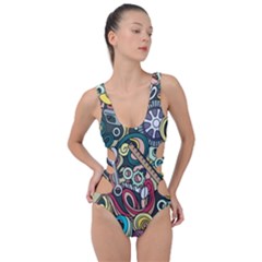Cartoon-cute-doodles-hand-drawn-auto-service-seamless-pattern Side Cut Out Swimsuit by Wegoenart