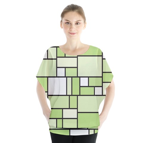 Green-geometric-digital-paper Batwing Chiffon Blouse by Wegoenart