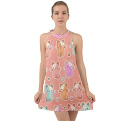 Cute Kawaii Kittens Seamless Pattern Halter Tie Back Chiffon Dress by Wegoenart