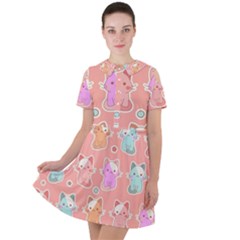 Cute Kawaii Kittens Seamless Pattern Short Sleeve Shoulder Cut Out Dress  by Wegoenart