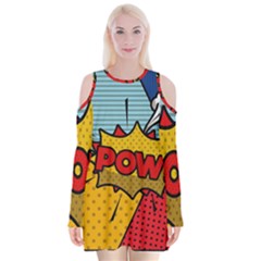 Pow Word Pop Art Style Expression Vector Velvet Long Sleeve Shoulder Cutout Dress by Wegoenart