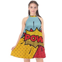 Pow Word Pop Art Style Expression Vector Halter Neckline Chiffon Dress  by Wegoenart