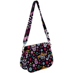 Day Dead Skull With Floral Ornament Flower Seamless Pattern Saddle Handbag by Wegoenart