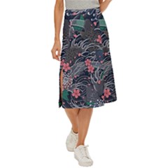 Japanese Wave Koi Illustration Seamless Pattern Midi Panel Skirt by Wegoenart