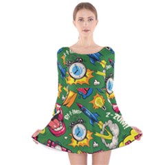 Pop Art Colorful Seamless Pattern Long Sleeve Velvet Skater Dress by Wegoenart