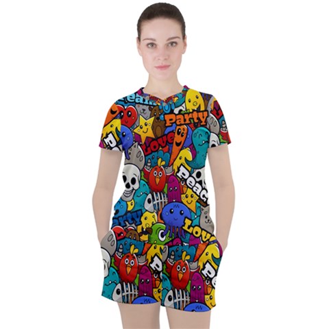 Graffiti Characters Seamless Pattern Women s Tee And Shorts Set by Wegoenart