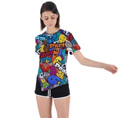 Graffiti Characters Seamless Pattern Asymmetrical Short Sleeve Sports Tee by Wegoenart