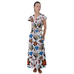 Full Color Flash Tattoo Patterns Flutter Sleeve Maxi Dress by Wegoenart