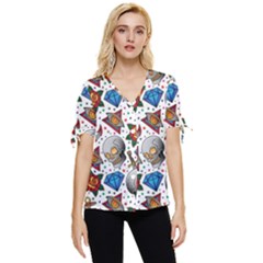 Full Color Flash Tattoo Patterns Bow Sleeve Button Up Top by Wegoenart