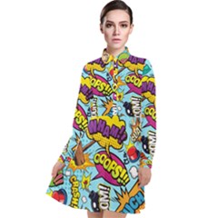 Comic Elements Colorful Seamless Pattern Long Sleeve Chiffon Shirt Dress by Wegoenart