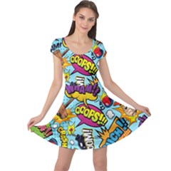 Comic Elements Colorful Seamless Pattern Cap Sleeve Dress by Wegoenart