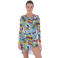 Comic Elements Colorful Seamless Pattern Asymmetric Cut-out Shift Dress by Wegoenart