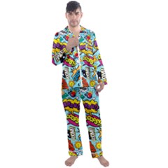 Comic Elements Colorful Seamless Pattern Men s Long Sleeve Satin Pajamas Set by Wegoenart