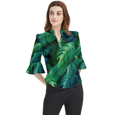 Tropical Green Leaves Background Loose Horn Sleeve Chiffon Blouse by Wegoenart