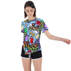 Graffiti Characters Seamless Patterns Asymmetrical Short Sleeve Sports Tee by Wegoenart