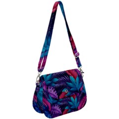 Background With Violet Blue Tropical Leaves Saddle Handbag by Wegoenart