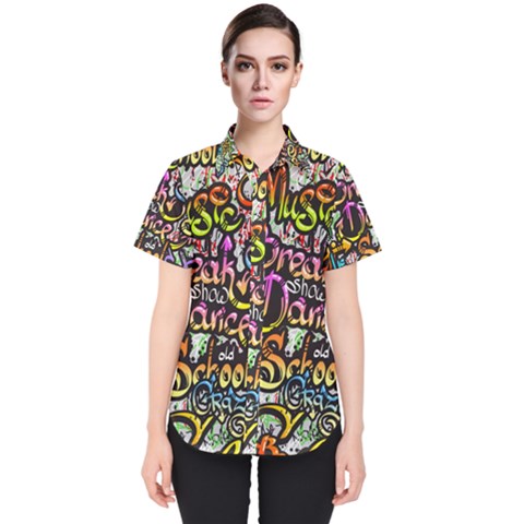 Graffiti Word Seamless Pattern Women s Short Sleeve Shirt by Wegoenart