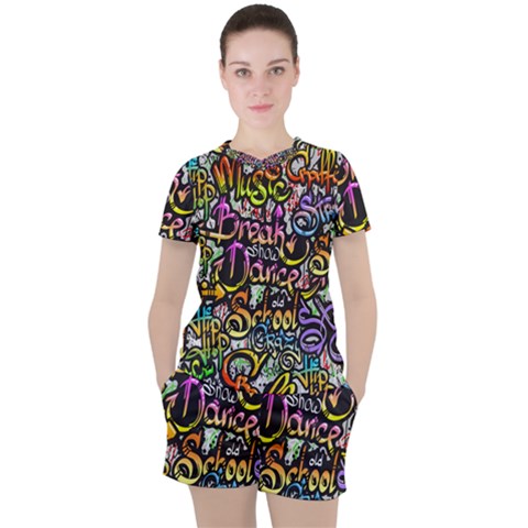 Graffiti Word Seamless Pattern Women s Tee And Shorts Set by Wegoenart