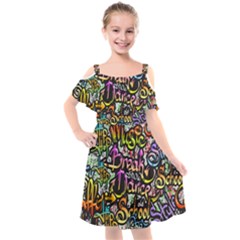 Graffiti Word Seamless Pattern Kids  Cut Out Shoulders Chiffon Dress by Wegoenart