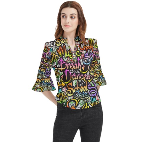 Graffiti Word Seamless Pattern Loose Horn Sleeve Chiffon Blouse by Wegoenart