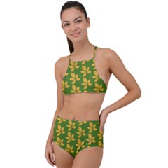 Orange Leaves Green High Waist Tankini Set by ConteMonfrey