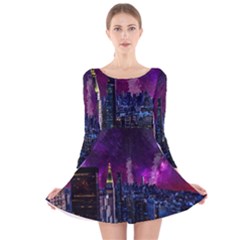 New York Manhattan Skyline Cityscape Downtown Long Sleeve Velvet Skater Dress by Wegoenart