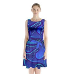 Wavy Abstract Blue Sleeveless Waist Tie Chiffon Dress by Ravend