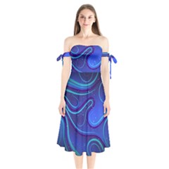 Wavy Abstract Blue Shoulder Tie Bardot Midi Dress by Ravend