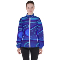 Wavy Abstract Blue Women s High Neck Windbreaker by Ravend