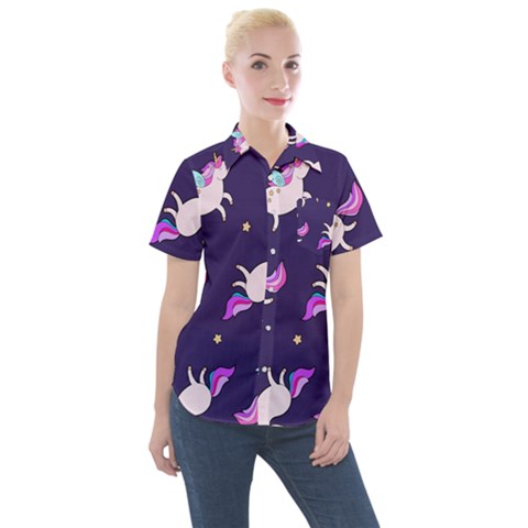 Fantasy Fat Unicorn Horse-pattern Fabric Design Women s Short Sleeve Pocket Shirt by Wegoenart