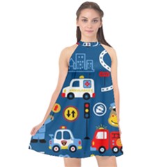 Car Cars Seamless Pattern Vector Rescue Team Cartoon Halter Neckline Chiffon Dress  by Wegoenart