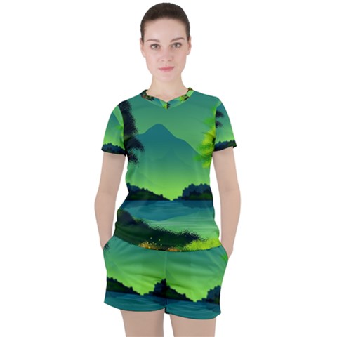 Green Landscape Illustration Nature Women s Tee And Shorts Set by Wegoenart