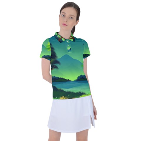 Green Landscape Illustration Nature Women s Polo Tee by Wegoenart