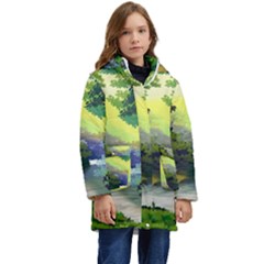 Landscape Illustration Nature Painting Kid s Hooded Longline Puffer Jacket by Wegoenart