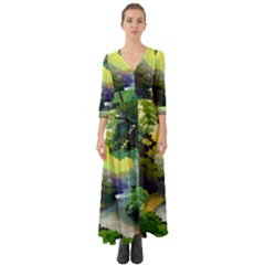 Landscape Illustration Nature Painting Button Up Boho Maxi Dress by Wegoenart