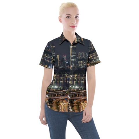 Seoul Building City Night View Women s Short Sleeve Pocket Shirt by Wegoenart