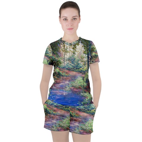 Abstract Forest Green Jungle Psychedelic Art Nature Women s Tee And Shorts Set by Wegoenart