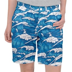 Storm Waves Seamless Pattern Raging Ocean Water Sea Wave Vintage Japanese Storms Print Illustration Pocket Shorts by BangZart